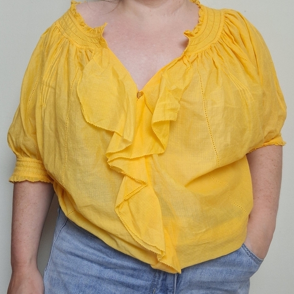 Diane von Furstenberg Yellow Gauzy Cotton Ruffle Short Sleeve Blouse Size 10 - Picture 1 of 11